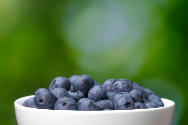 Close White Bowl Blueberries Blurry Green Background Macro Photography — Stock Photo, Image