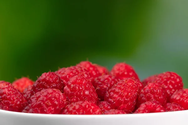 Beautiful Ripe Juicy Raspberries White Bowl Green Blurry Background Macro — Stock Photo, Image