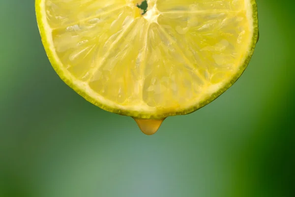 マクロ写真 緑色のぼやけた背景にジュースを一滴入れた熟したライムのスライス フルーツの背景 — ストック写真