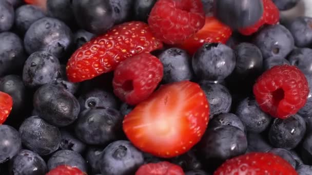 覆盆子和草莓在它们的轴上旋转着 多汁的浆果混合着新鲜的夏天浆果的芬芳 红黑健康 浆果配料 — 图库视频影像