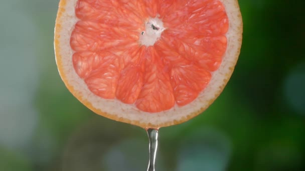 Super Slow Motion Shot Van Gesneden Grapefruit Plak Met Spatten — Stockvideo