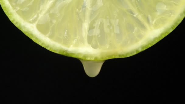 熟したライムのスライスからジュースや水のクローズアップ滴 新鮮な野菜や果物のコンセプト 黒い背景に明確なジュースをドリッピングマクロが付いているレモン 返された動き — ストック動画