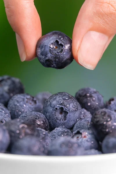 Close Female Fingers Pulling Out Ripe Blueberry Berry White Bowl — Stock Photo, Image
