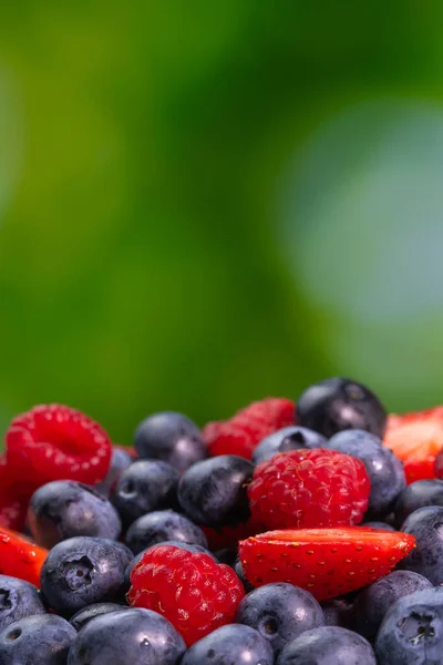 Colorful Berries Close Green Blurred Background Macro Photography Blueberries Raspberries — Stock Photo, Image