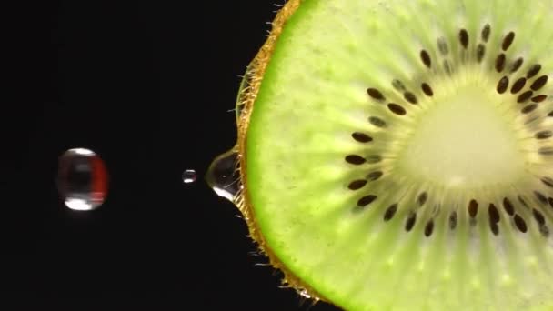 Diseño Creativo Kiwi Rodajas Agua Salpicaduras Sobre Fondo Negro Kiwi — Vídeos de Stock