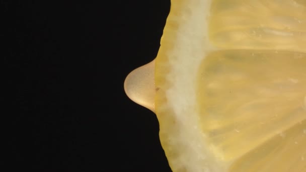 熟したレモンのスライスからジュースや水の滴を閉じます 新鮮な野菜や果物のコンセプト 緑色の背景にマクロドリッピングクリアジュースを含むレモン スローモーション バーティカルビデオ — ストック動画