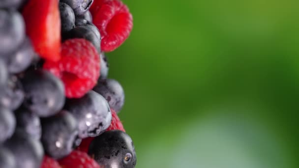 Blueberries Raspberries Strawberries Rotate Axis Turntable Forest Juicy Berries Black — Stock Video