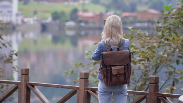 Young Beautiful Blonde Woman Denim Suit Backpack Traveling Alone Taking — Stock Video