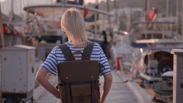 Młoda Piękna Szczupła Blondynka Plecakiem Okularach Przeciwsłonecznych Spacerująca Molo Tle — Wideo stockowe