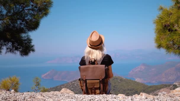 Chica Con Mochila Sombrero Cima Montaña Mirando Desde Arriba Hermoso — Vídeo de stock