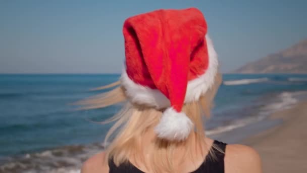 즐거운 크리스마스 클라우스를 즐기는 크리스마스 비키니 여자의 뒤보기 바다와 — 비디오