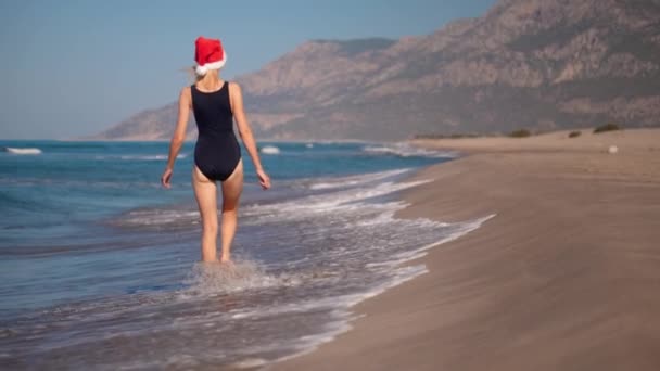 크리스마스에 클로스 모자에 코카서스 여자의 뒤보기 배경에 해변에 해변에 전망과 — 비디오