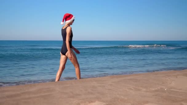 Noel Noel Baba Şapkası Takan Genç Bir Kadın Plajda Deniz — Stok video