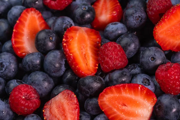 Bright Background Berry Mix Blueberries Raspberries Strawberries Macro Photography Salad — Stock Photo, Image