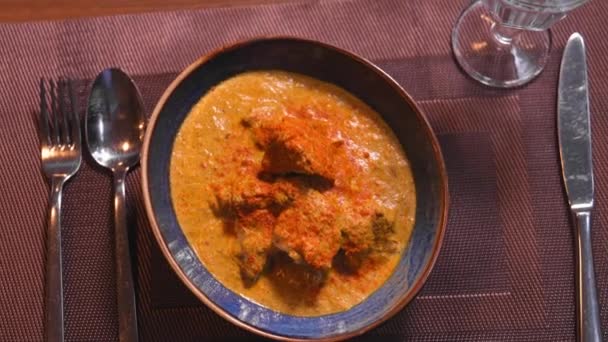 Satsivi Traditional Georgian Dish Chicken Walnut Sauce Blue Plate Table — Stock Video