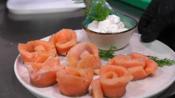Close Marinated Pieces Salmon White Plate Sauce Dill Table Beautiful — Stock Video