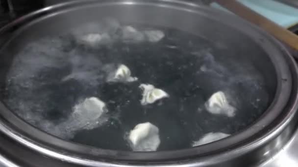 Restorandaki Mutfakta Kaynar Buharla Pişirilmiş Khinkali Kazanı Ile Büyük Ateş — Stok video
