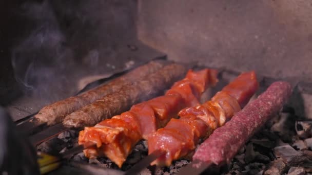 신선한 고기와 케밥으로 맛있는 케밥이나 Shashlik의 클로즈업은 연기가있는 그릴에서 요리됩니다 — 비디오