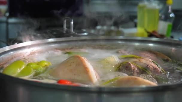 Zbliżenie Kostek Wieprzowych Warzywami Gotowanymi Wrzącej Wodzie Dużym Rondlu Kuchni — Wideo stockowe