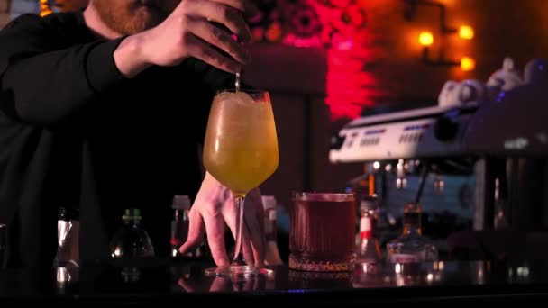 Close Van Barman Die Cocktail Roert Met Een Barlepel Bar — Stockvideo