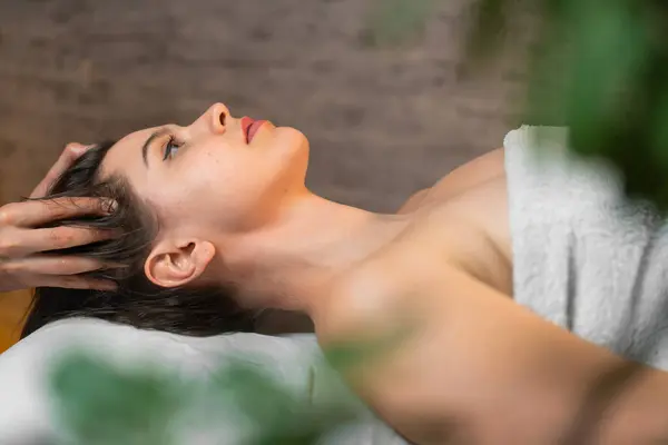 Close Young Beautiful Contented Woman Lying Massage Table Head Hair Stock Image