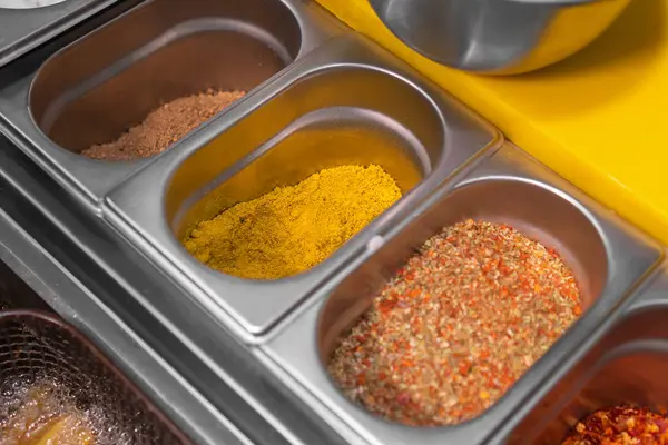 Close Variety Colorful Spices Open Containers Restaurant Kitchen Selective Focus Stock Image