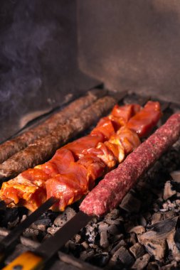 İştah açıcı kebap ya da taze etten yapılmış şiş kebap yakın plan ve lula kebabı mangalda dumanla pişiriliyor. Dikey fotoğraf