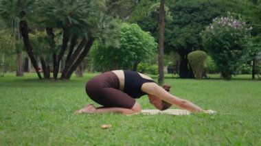 Spor kıyafetli genç bir kadın yemyeşil parkta yoga yapıyor. Yoga minderinde kedi-inek pozunun farklı çeşitlerini gösteriyor.