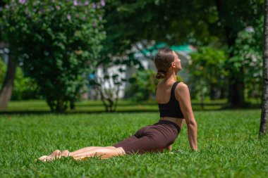 Genç ve güzel bir kadın parkta bir kilim üzerinde kobra pozu egzersizi yapıyor. Sağlıklı bir yaşam tarzı. Bhujangasana, Yukarı Yüzlü Köpek Konumu, SuryaNamaskar, Urdhva Mukha Svanasana