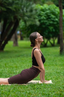 Genç ve güzel bir kadın parkta bir kilim üzerinde kobra pozu egzersizi yapıyor. Sağlıklı bir yaşam tarzı. Bhujangasana, Yukarı Yüzlü Köpek Pozisyonu, SuryaNamaskar, Urdhva Mukha Svanasana. Dikey fotoğraf