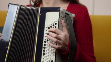 Geleneksel akordeon çalmada usta müzisyenlerin ellerini gösteren yakın çekim, parmaklarının ve enstrümanın karmaşık hareketlerini vurgulayan
