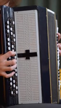 Geleneksel akordeon çalmada usta müzisyenlerin ellerini gösteren yakın plan çekimde, parmaklarının ve enstrümanın karmaşık hareketlerinin vurgulanması. Dikey video