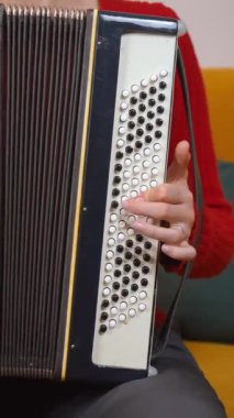 Geleneksel akordeon çalmada usta müzisyenlerin ellerini gösteren yakın plan çekimde, parmaklarının ve enstrümanın karmaşık hareketlerinin vurgulanması. Dikey video