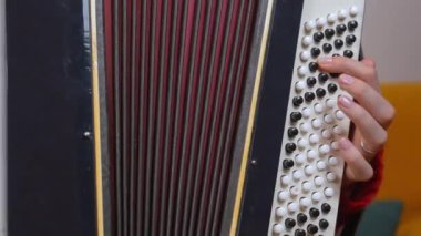 Tutkulu bayan müzisyen geleneksel akordeon icra ediyor, kusursuz parmak hareketleri sergiliyor, sanatsal ifade ve duygusal derinlikle melodik halk müziği yaratıyor.