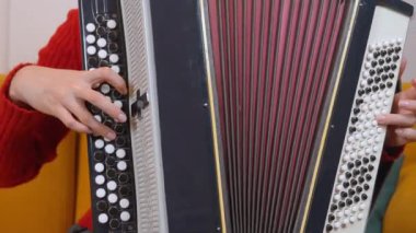 Geleneksel akordeon çalmada usta müzisyenlerin ellerini gösteren yakın çekim, parmaklarının ve enstrümanın karmaşık hareketlerini vurgulayan.