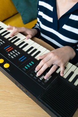 Klasik bir sentezleyici klavye kullanarak elektronik müzik besteleyen bayan müzisyen, nostalji ve sıcak bir ev ortamında retro seslere karşı bir tutku uyandırıyor. Dikey fotoğraf