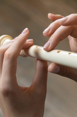 Kadın ellerinin becerikli bir şekilde flüt çalarkenki görüntüsü, klasik bir ahşap rüzgar enstrümanı, canlı bir performansta müzik yeteneği ve sanatsal ifadeyi vurguluyor. Dikey fotoğraf