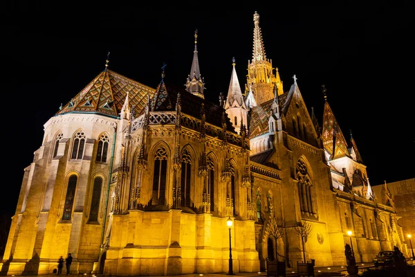 マティアス教会として知られている仏城の仮定のライトアップ教会の夜景 ロマネスク様式で建てられたローマカトリック教会 ブダペスト ハンガリー 東ヨーロッパ — ストック写真