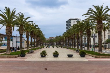 Passeig de Jaume I, palmiye ağaçları, bitkiler ve çiçeklerle dolu bir kasaba. Salou, Tarragona, İspanya.