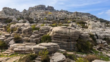 Karst landscape and rugged terrain in the Torcal de Antequera natural park. Malaga province, Andalusia, Spain.
