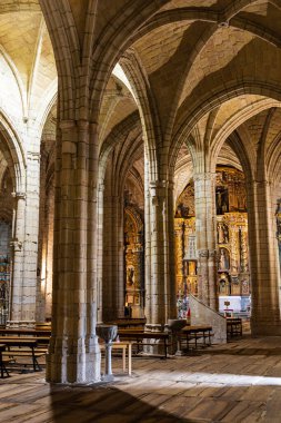 Santa Maria de Los Angeles Kilisesi 'nin içi, sağlam sütunlar, sunaklar ve dini sanat eserleri tarafından desteklenen kubbeli tavanlar. San Vicente de la Barquera, Cantabria, İspanya.