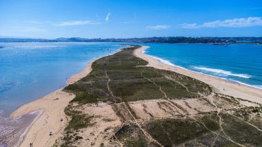 Rüzgârın şekillendirdiği dalgalı kum tepelerinin ve Biscay Körfezi 'nin dalgalı mavi sularının havadan görünüşü. Dunas del Puntal, Somo, Cantabria, İspanya.