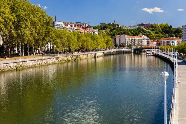Wybrzeże Historycznym Centrum Bilbao Zielonymi Drzewami Nervion River Słoneczny Dzień Obrazy Stockowe bez tantiem