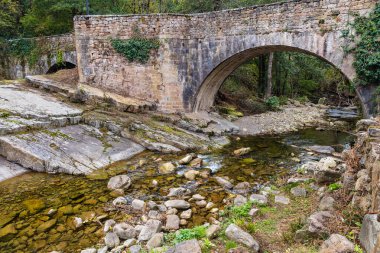 Argoza Nehri üzerine inşa edilmiş, 16. yüzyıldan kalma bir yaya köprüsü. Barcena Belediye Başkanı, Cantabria, İspanya.