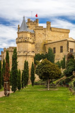 Olite Kraliyet Sarayı 'nın (Olite Kalesi veya Palacio Real de Olite) yeşil çimenli ve selvi ağaçlı genel manzarası. Olite, Navarre, İspanya.