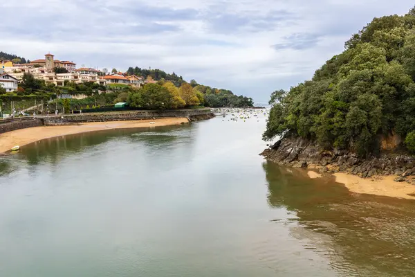 Sukarrieta köyü, kumlu plajı, Chacharramendi Adası ve onları ayıran Oka Nehri. Urdaibai Doğa Koruma Alanı, Biscay, Bask Ülkesi, İspanya.