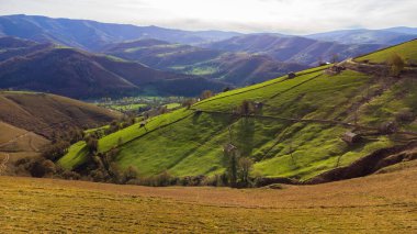Cantabrian Dağları 'nın yeşil yamaçlarında dağınık küçük geleneksel evler var. Sonbahar. La Braguia geçidi, Pasiegos vadisi, Cantabria, İspanya.