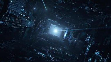 Bir tünelden geçen dijital veri akışları.