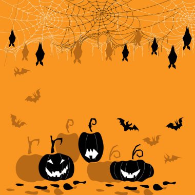 Cadılar Bayramı gecesinde kabaklar ve uçan yarasalarla ürkütücü bir arka plan.