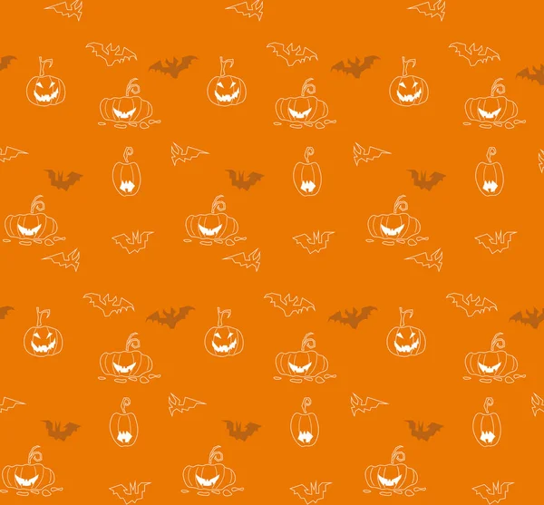 Nahtloser Musterhintergrund Mit Orangefarbenen Halloween Festlichen Endlosen Geschnitzten Kürbissen Fledermäuse — Stockvektor
